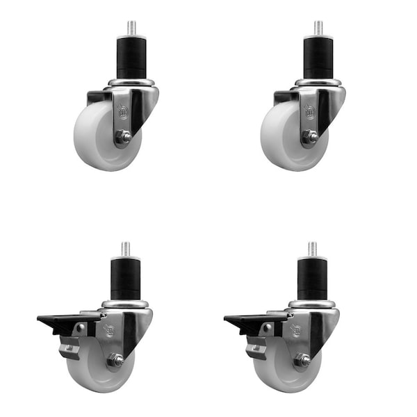 3'' Nylon Wheel Swivel 1-3/4'' Expanding Stem Caster Set 2 Brakes, 4PK